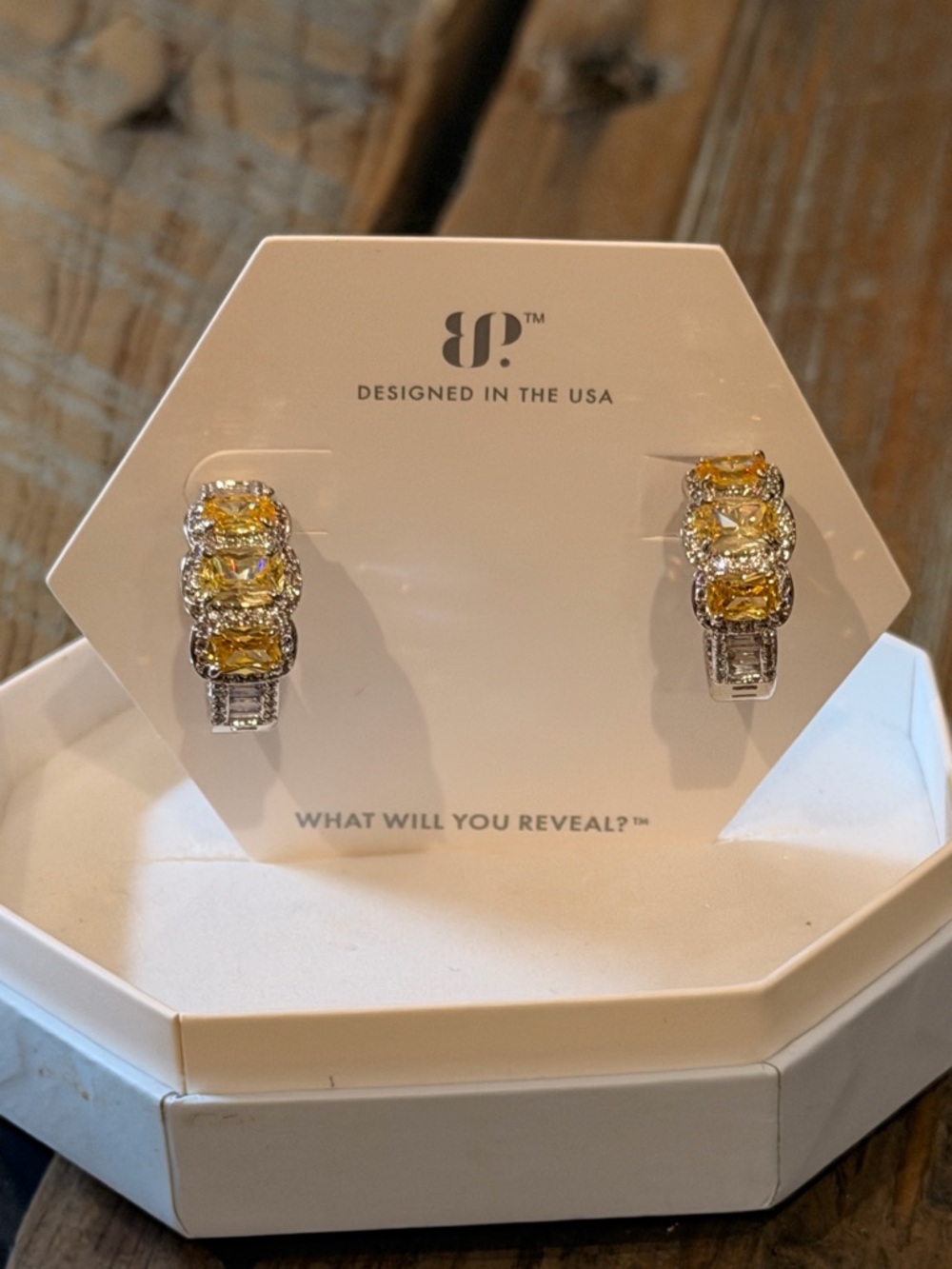 BP NWOT! Designed in the USA Yellow Crystal Hoop Earrings with Silver Accents